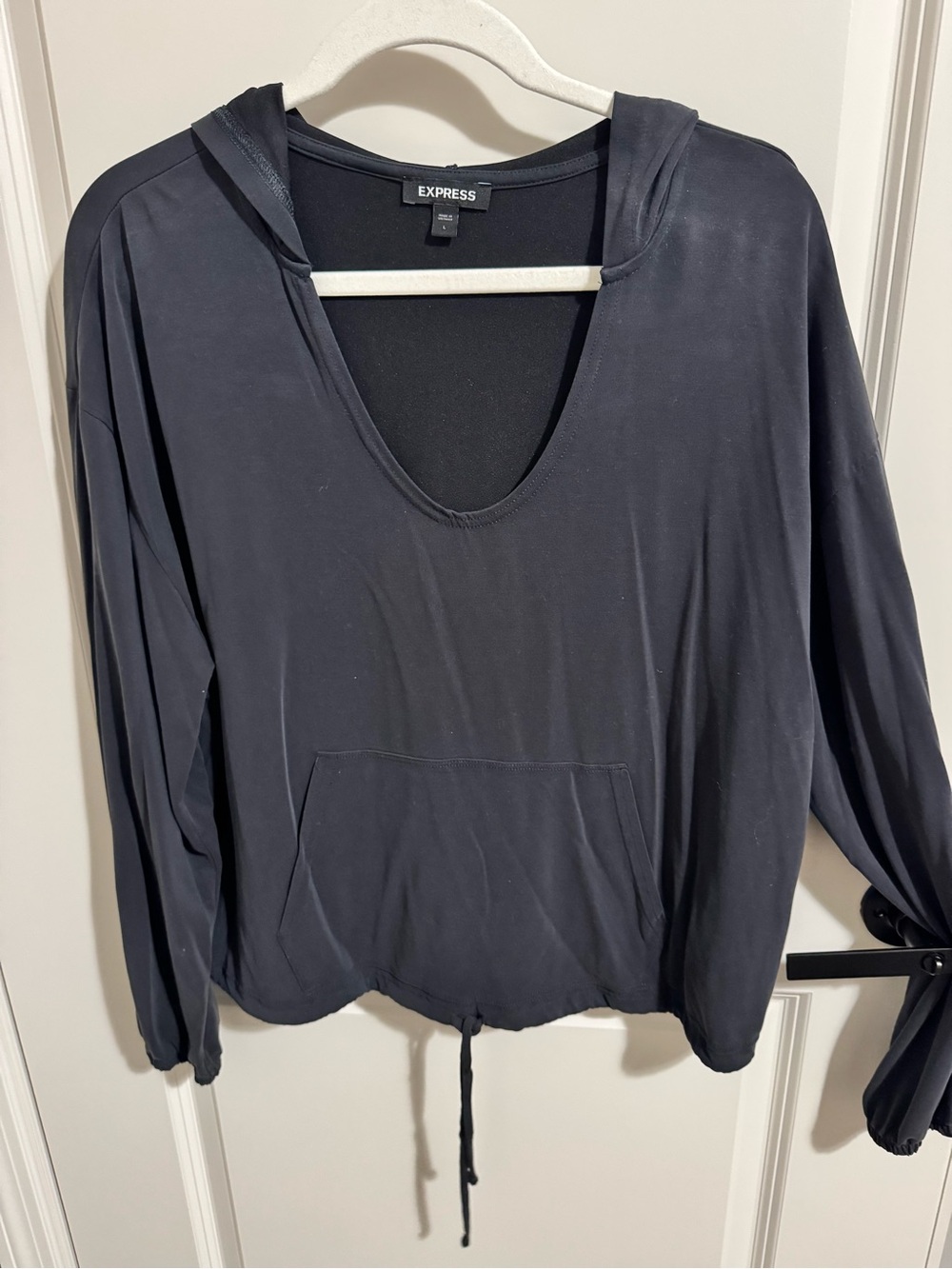 Express Black V-Neck Hooded Long Sleeve Pullover